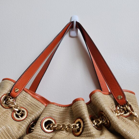 MICHAEL KORS Handbag Women Natural Burlap Canvas & Leather Strap Gold Chain Link - Picture 4 of 15